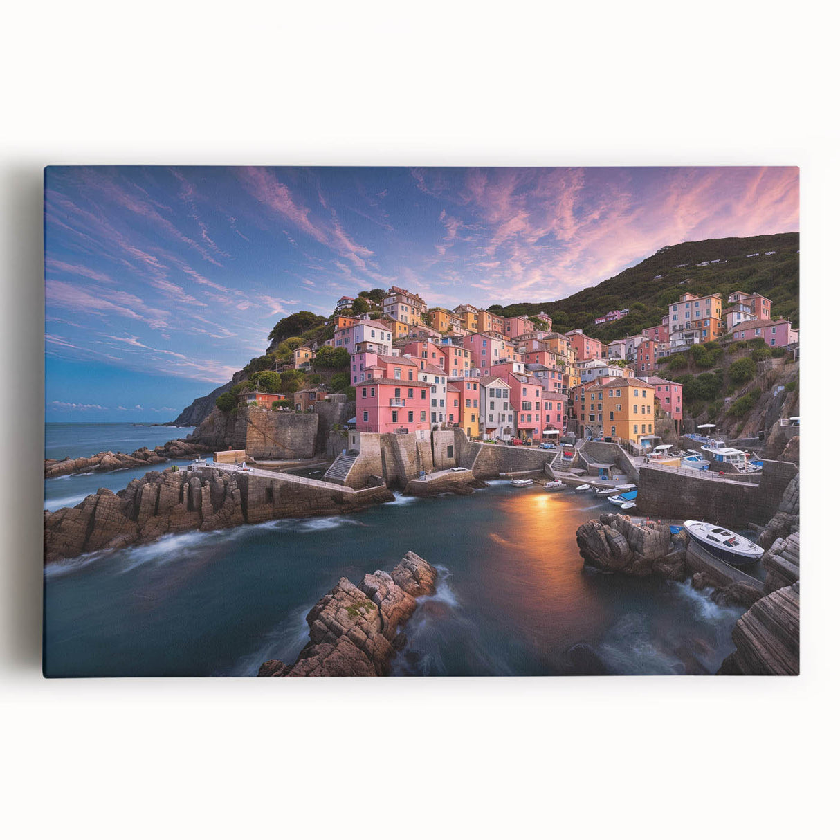 Vibrant stretched canvas wall art showcasing a picturesque village landscape with lush greenery and a clear blue sky, perfect for home decor.