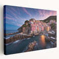 Stretched canvas wall art showcasing a vibrant landscape village design, featuring rich colors and intricate details, perfect for home decoration or gallery display.