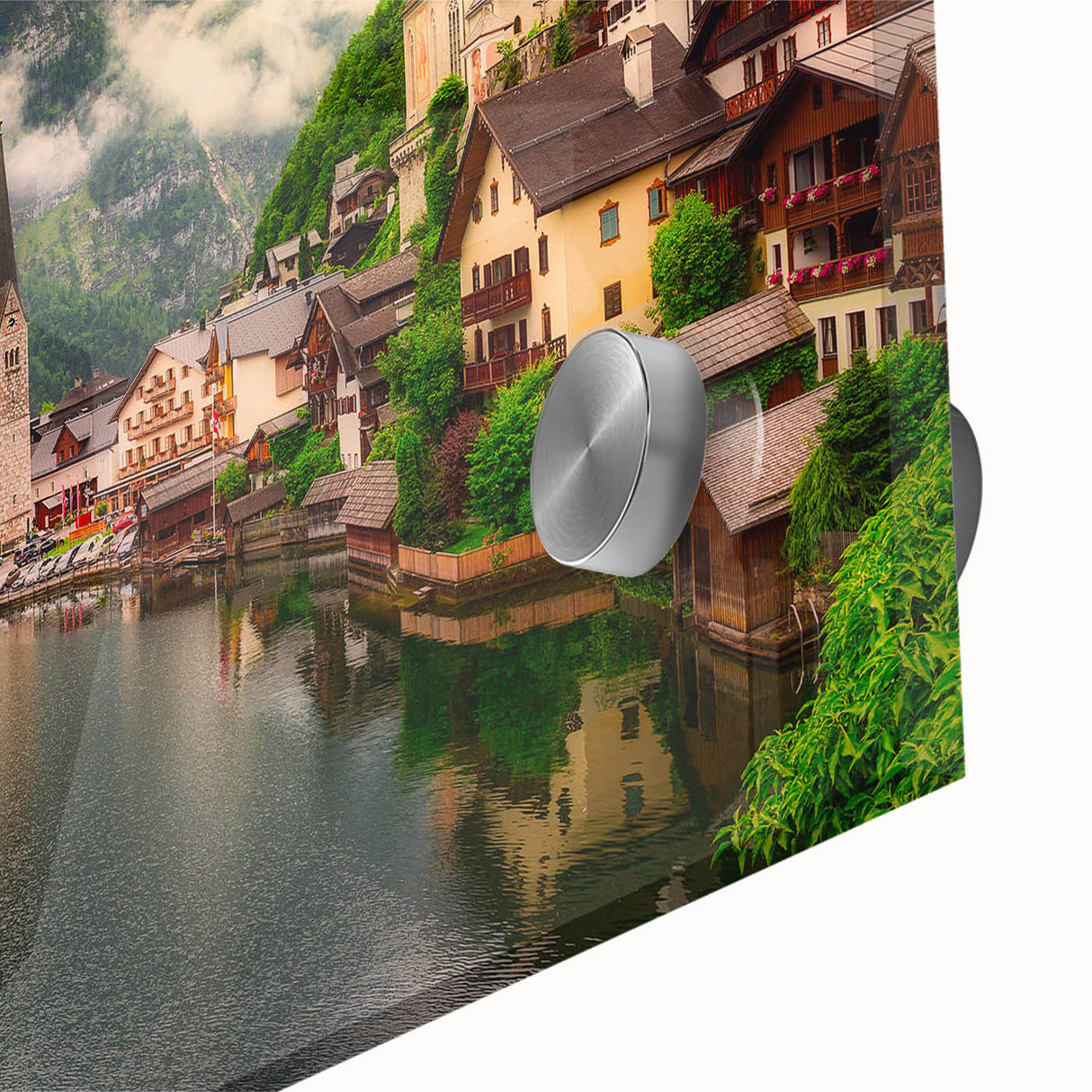 Close-up of a modern wall art collection featuring vibrant acrylic glass landscapes and village designs, showcasing intricate details and vivid colors, perfect for home decor.