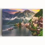 Stretched canvas wall art showcasing a serene village landscape in vibrant colors, perfect for home decor and enhancing interior aesthetics.