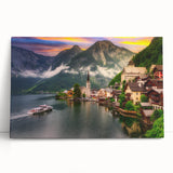 Stretched canvas wall art showcasing a serene village landscape with vibrant colors, ideal for home decor and enhancing living spaces.