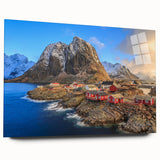 Acrylic glass wall art collection showcasing a vibrant village landscape design, viewed from the side, highlighting the intricate details and colors, perfect for home décor.