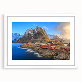 Framed wall art piece showcasing a serene village landscape design with a white mat, perfect for home decor, adding elegance and tranquility to any room.