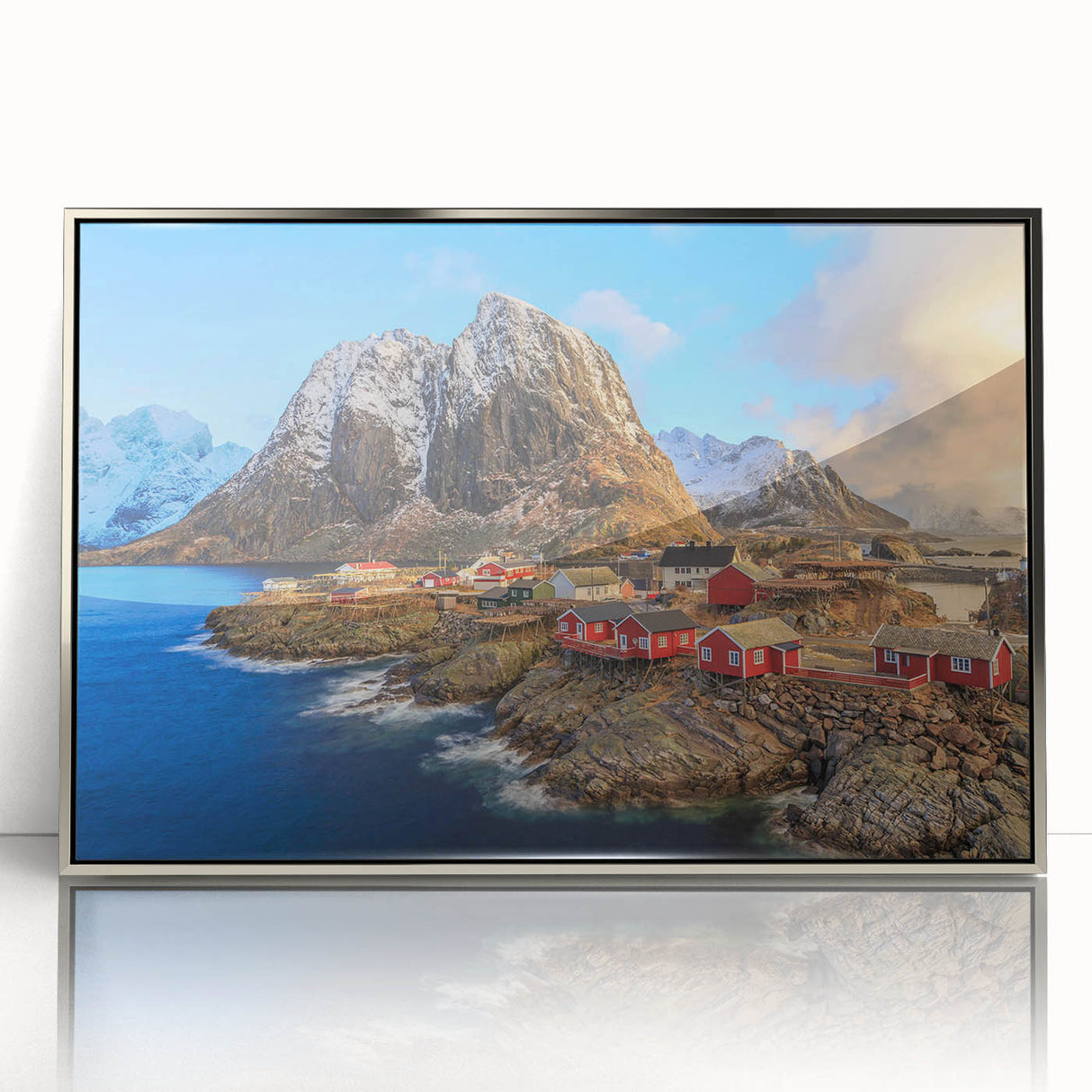 Framed wall art collection showcasing a vibrant landscape of a village, featuring rich colors and intricate details, set in a sleek silver frame, ideal for home decor.