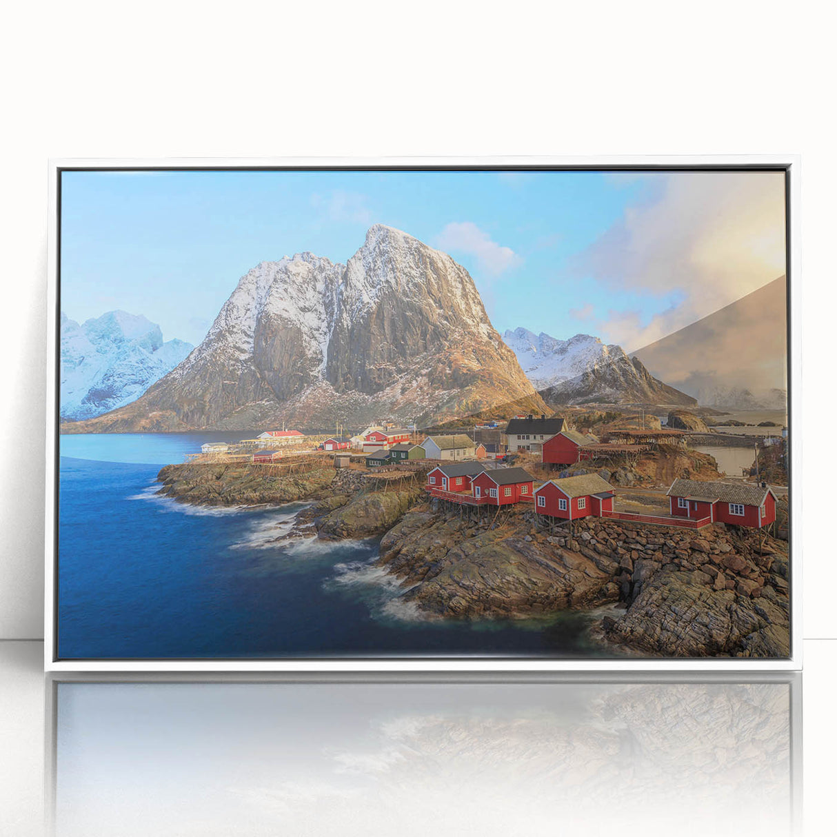 Framed acrylic wall art featuring a vibrant landscape of a village with lush greenery and a clear blue sky, designed to enhance modern home decor.