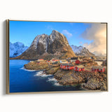 Framed canvas wall art depicting a serene village landscape with vibrant colors, gold accents, and intricate details, perfect for enhancing home decor.