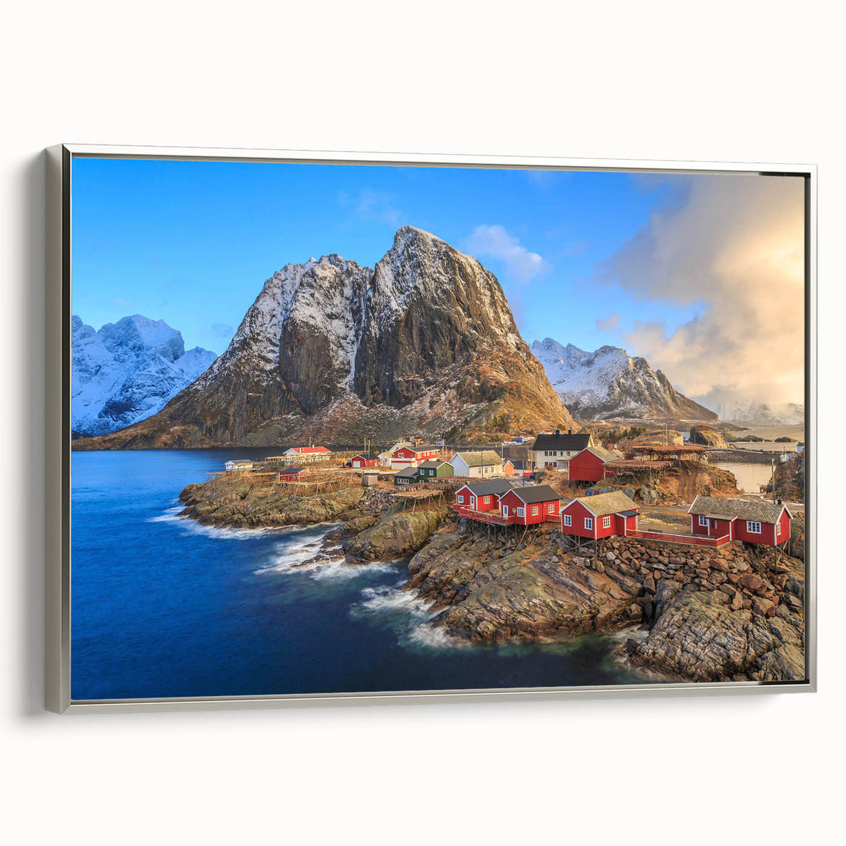Framed canvas wall art showcasing a serene village landscape design with subtle silver accents, elegantly displayed from a side view, perfect for home decor.