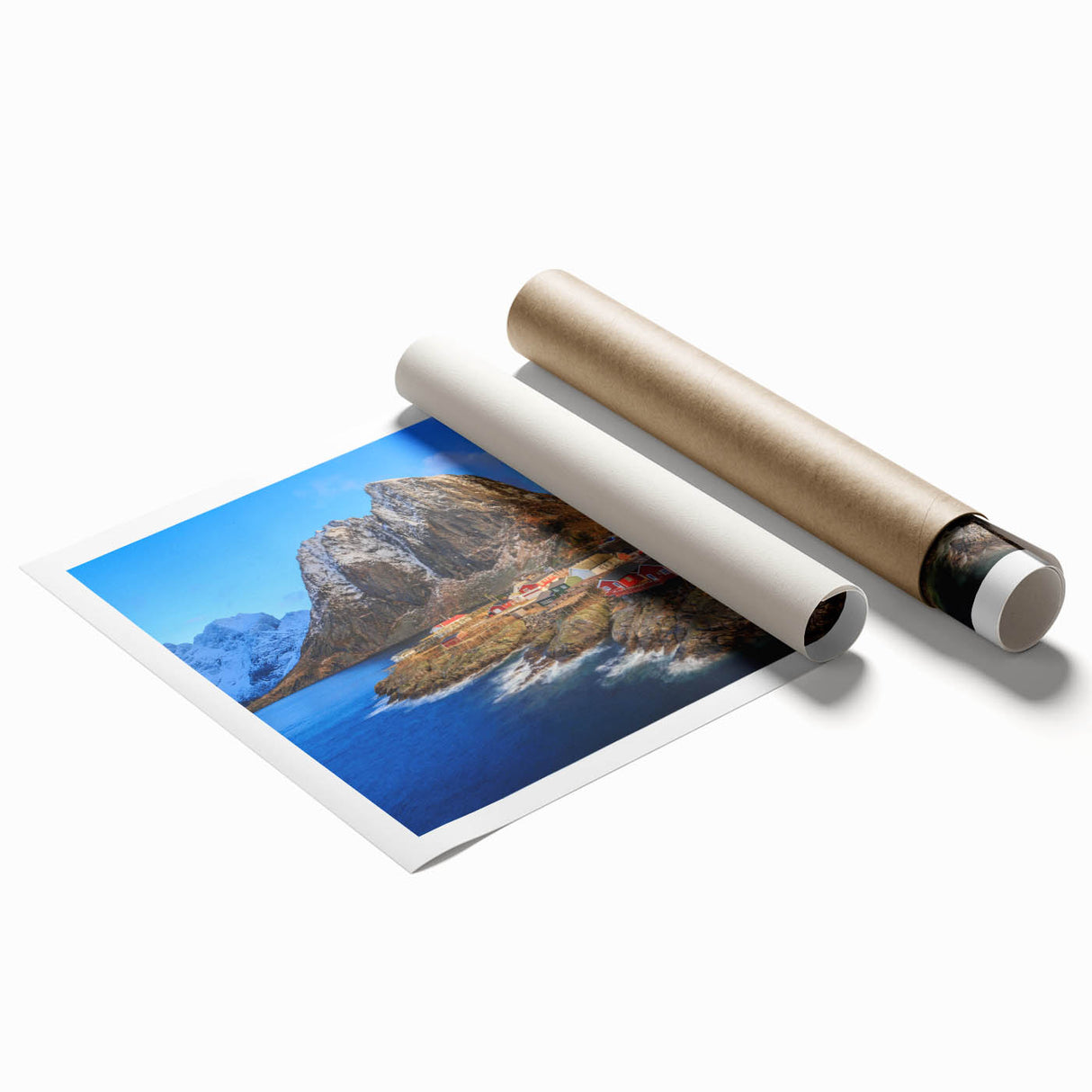 Rolled print showcasing an intricate village landscape design, featuring vibrant colors and detailed textures, ideal for enhancing home decor.