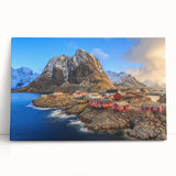 Stretched canvas wall art depicting a serene village landscape with lush greenery, vibrant colors, and a tranquil atmosphere, perfect for home decor.