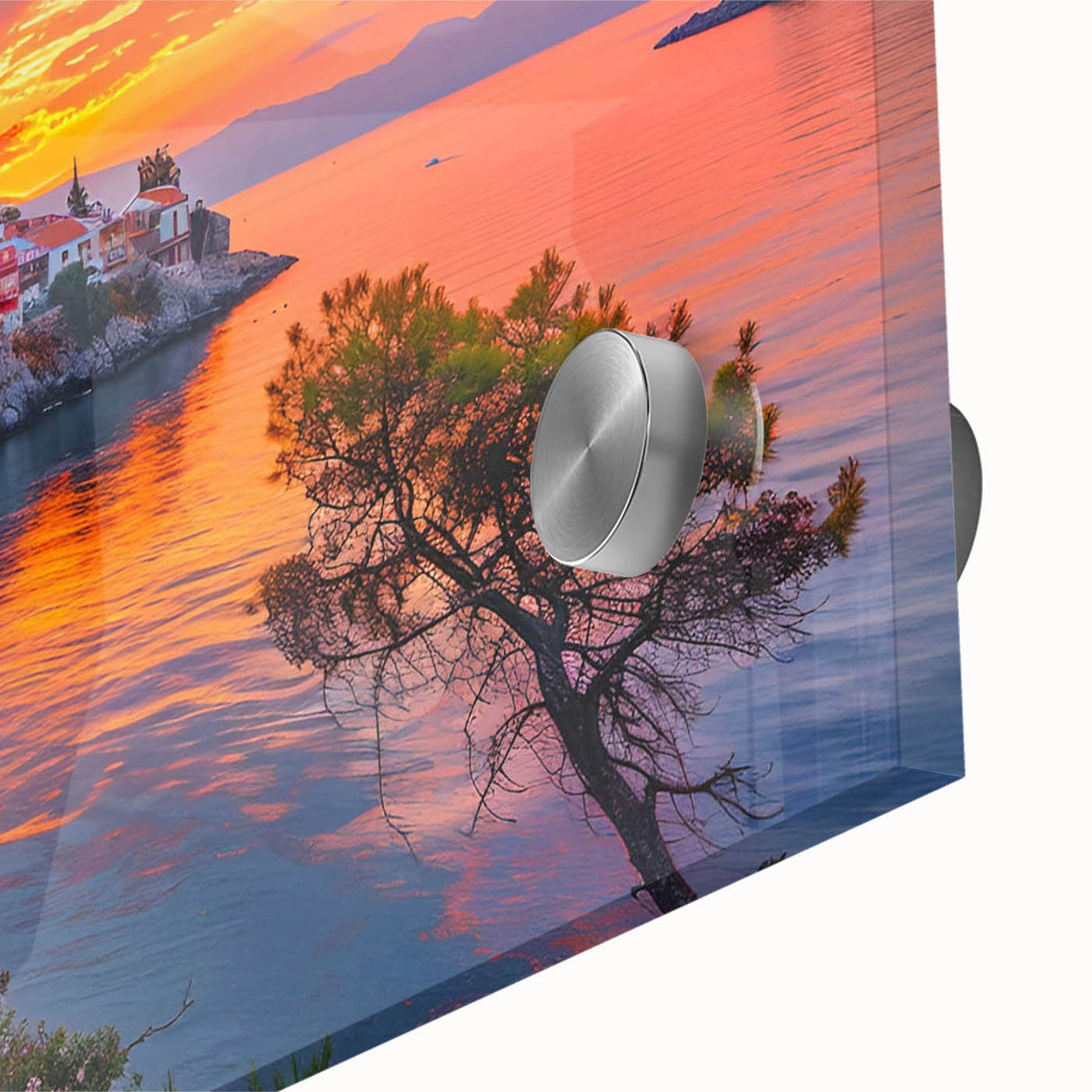 Close-up view of a vibrant acrylic wall art piece showcasing a picturesque village landscape with lush greenery and serene skies, perfect for home decor.