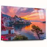 Acrylic glass wall art collection showcasing a vibrant landscape design of a cozy village, elegantly displayed with decorative pins, perfect for modern home decor.