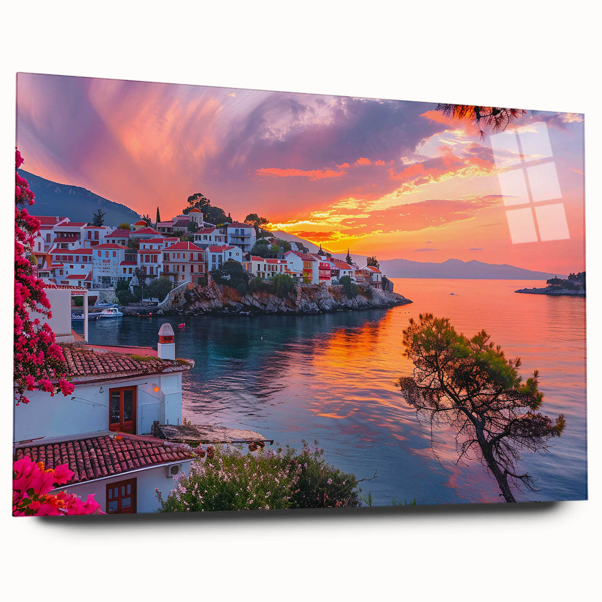 Acrylic wall art featuring a vibrant landscape village design, showcasing colorful houses and greenery, displayed in a side view without pins, ideal for modern decor.