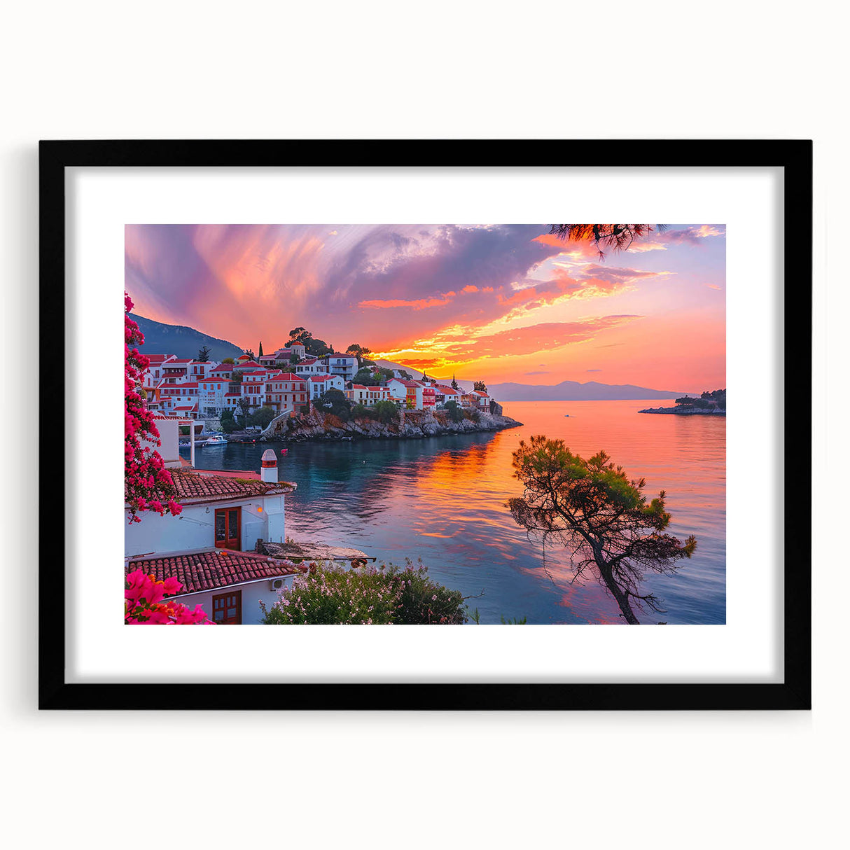 Framed wall art showcasing a serene village landscape design with a black mat and sleek black frame, perfect for enhancing modern home decor aesthetics.