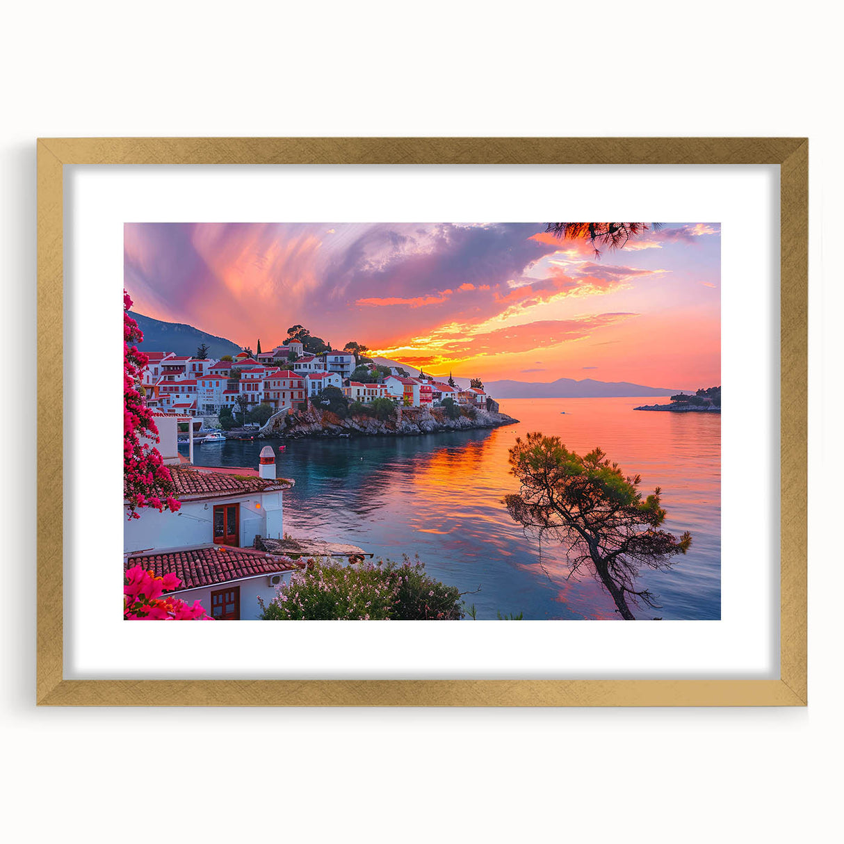 Elegant wall art featuring a picturesque landscape of a charming village framed in gold with a mat, showcasing intricate details and vibrant colors, perfect for home decor.