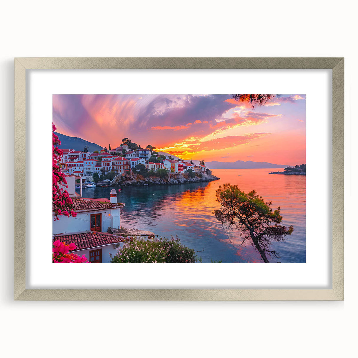 Framed silver landscape wall art showcasing a serene village scene, complete with a mat that enhances its aesthetic appeal, perfect for home decor.