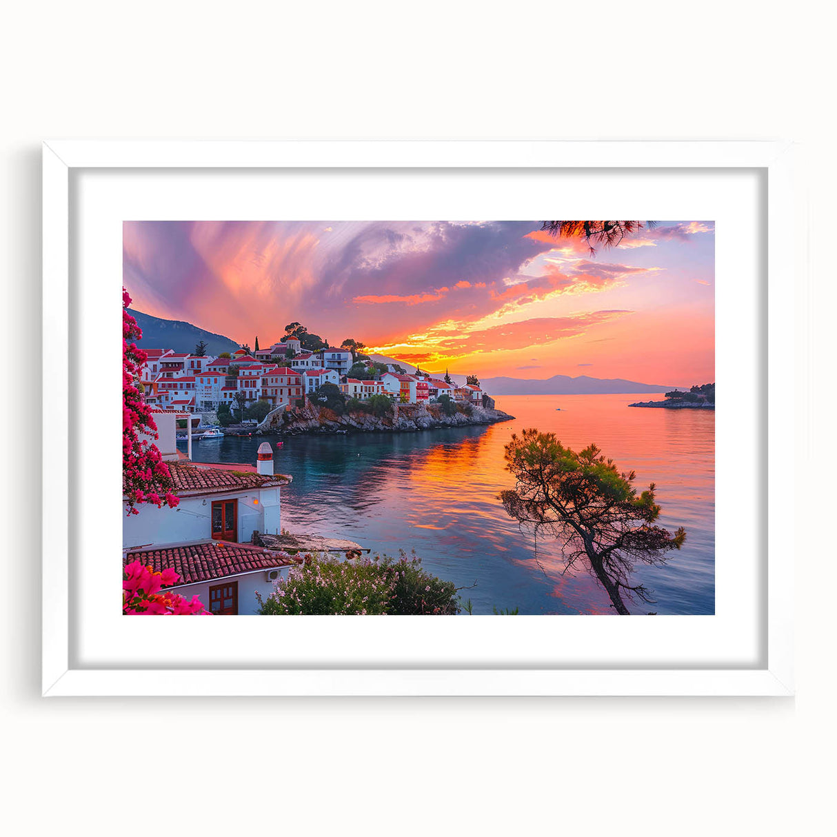 Framed wall art showcasing a serene village landscape design with vibrant colors and intricate detailing, presented with a white mat for an elegant aesthetic. Ideal for home décor and art enthusiasts.