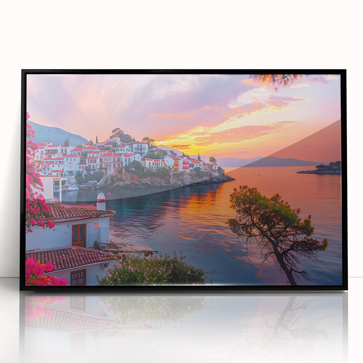 Framed acrylic wall art showcasing a scenic village landscape design with vibrant colors, displayed against a sleek black frame, ideal for home decor.