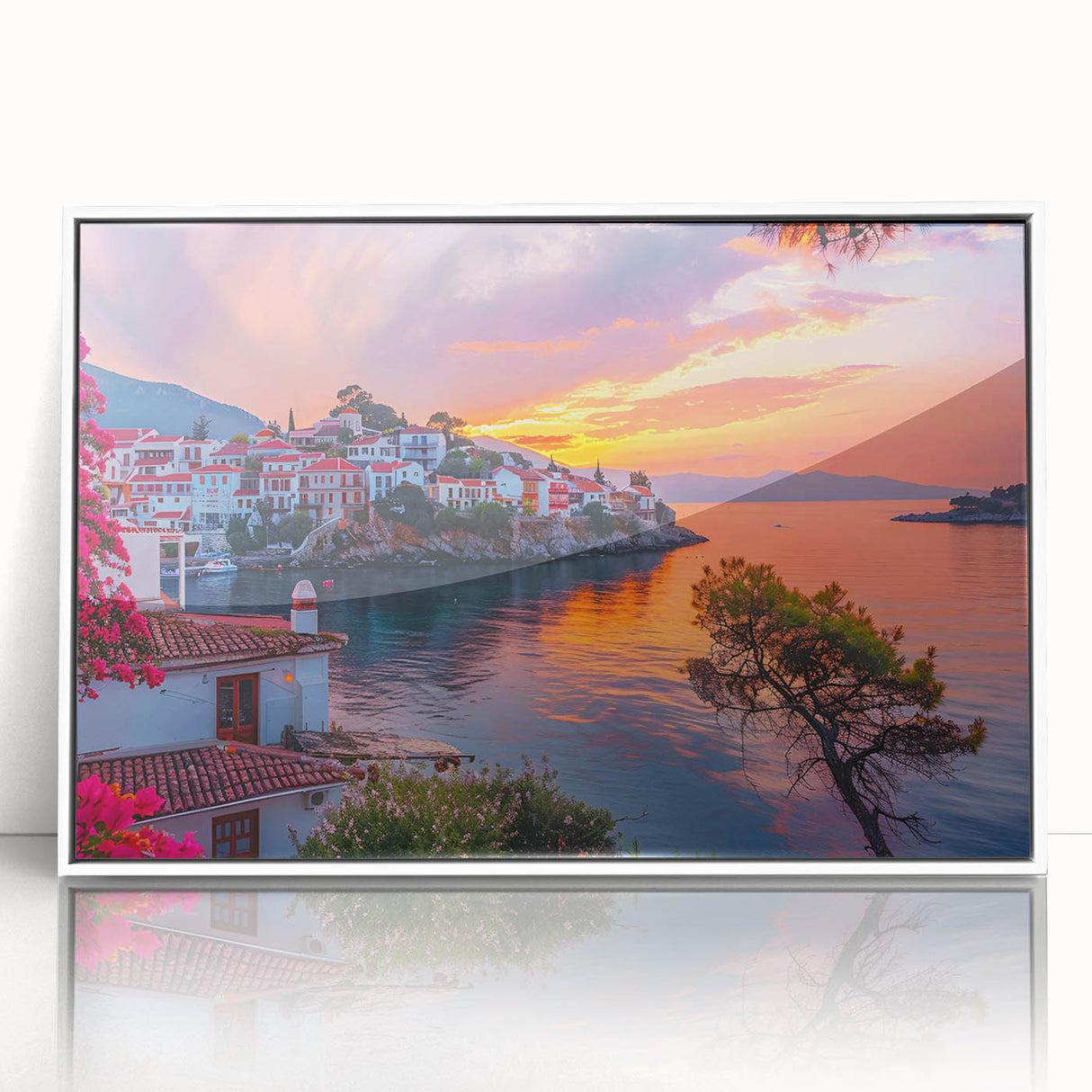 Framed wall art showcasing a serene landscape of a quaint village, featuring vibrant colors and intricate details, perfect for home decor enhancement.