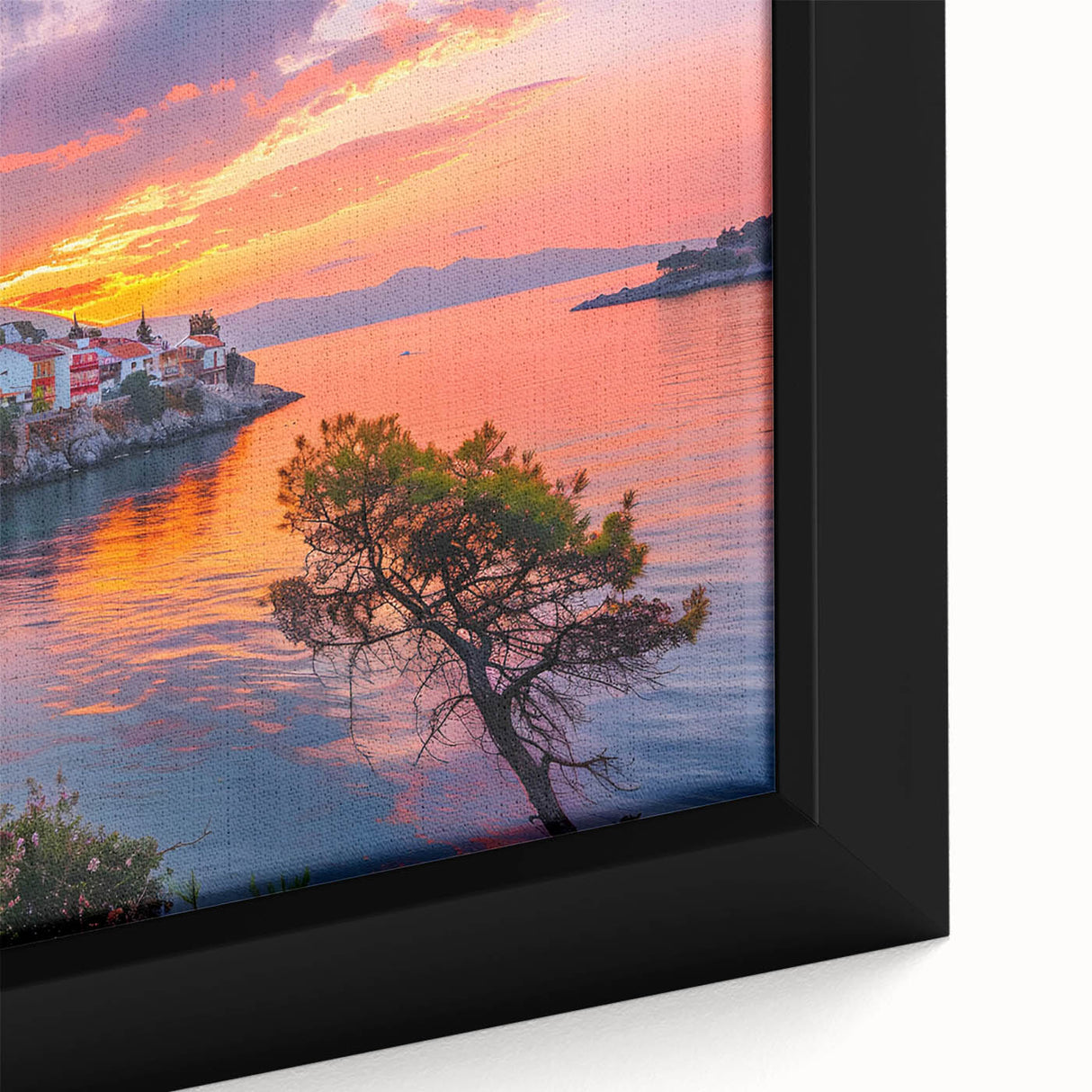 Framed canvas wall art showcasing a serene village landscape with vibrant colors, intricate details, and a textured finish, perfect for home decor enhancement.