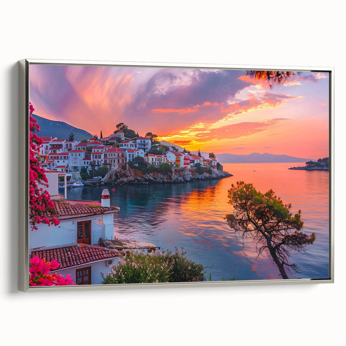 Framed wall art featuring a serene village landscape design with vibrant colors and silver accents, ideal for home decor and enhancing living spaces.