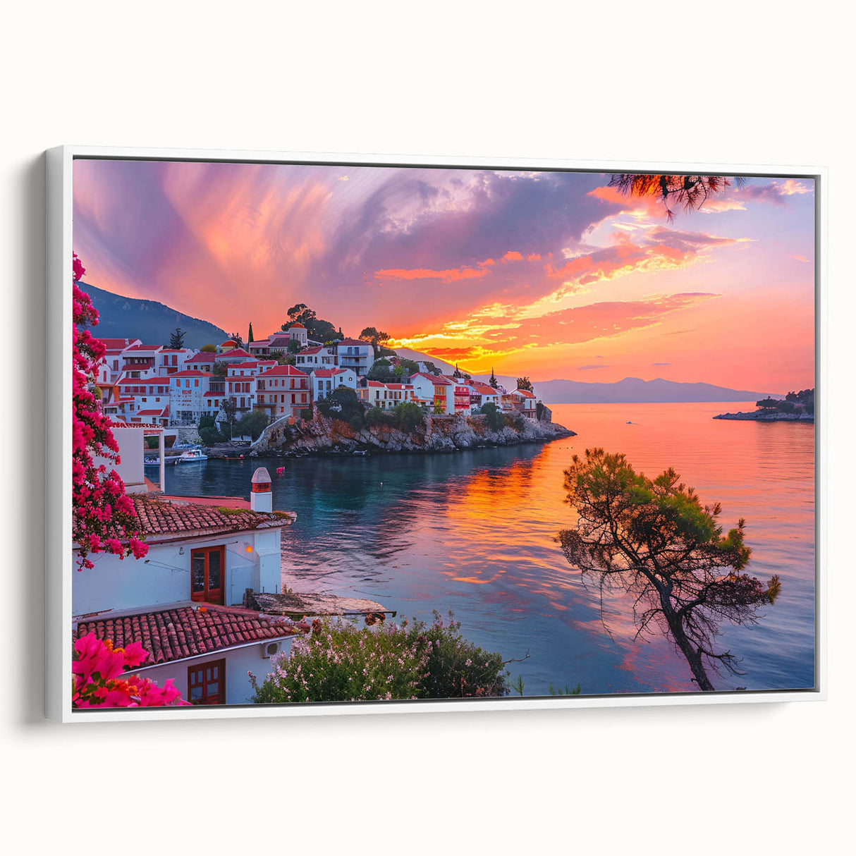Framed canvas wall art showcasing a serene village landscape with vibrant colors and intricate details, presented from a side view against a white background, ideal for home decor.