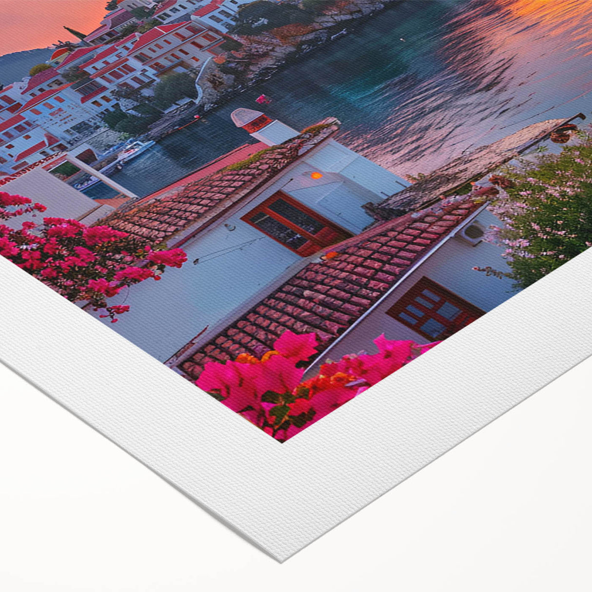 Rolled canvas artwork showcasing a vibrant landscape with charming village scenes, emphasizing rich colors and intricate details, ideal for home decor.