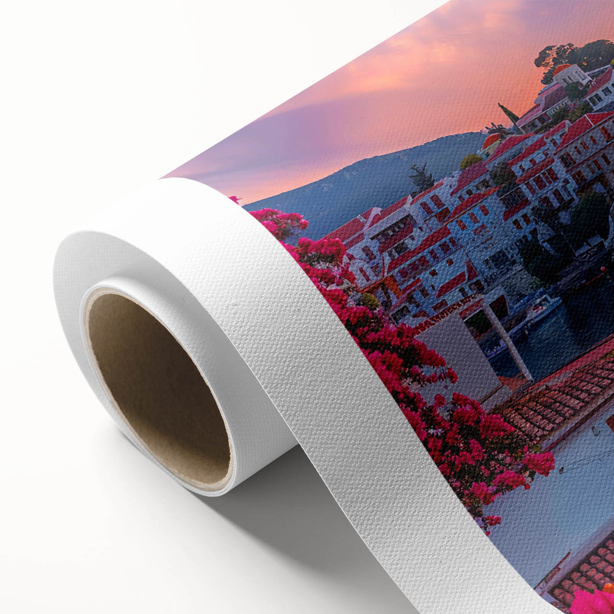Rolled canvas artwork showcasing a serene village landscape design in soft earth tones, ideal for home decor. Perfectly packaged in a protective cardboard tube.