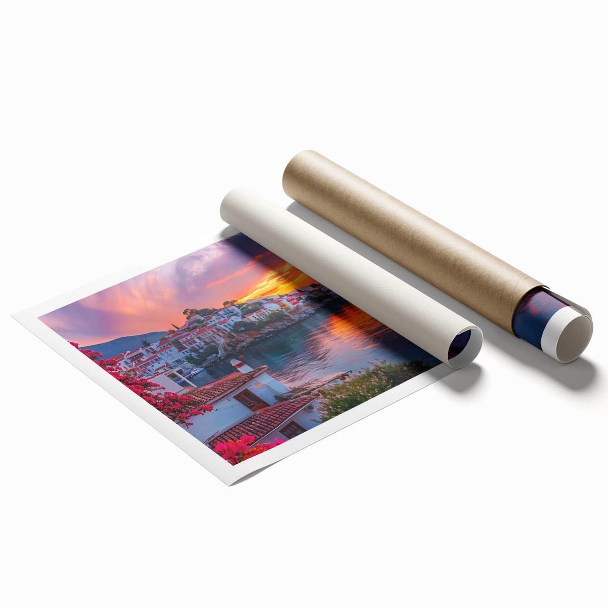 Rolled print of a vibrant landscape village scene in bright colors, showcasing quaint houses and lush greenery, ideal for home decor and art enthusiasts.