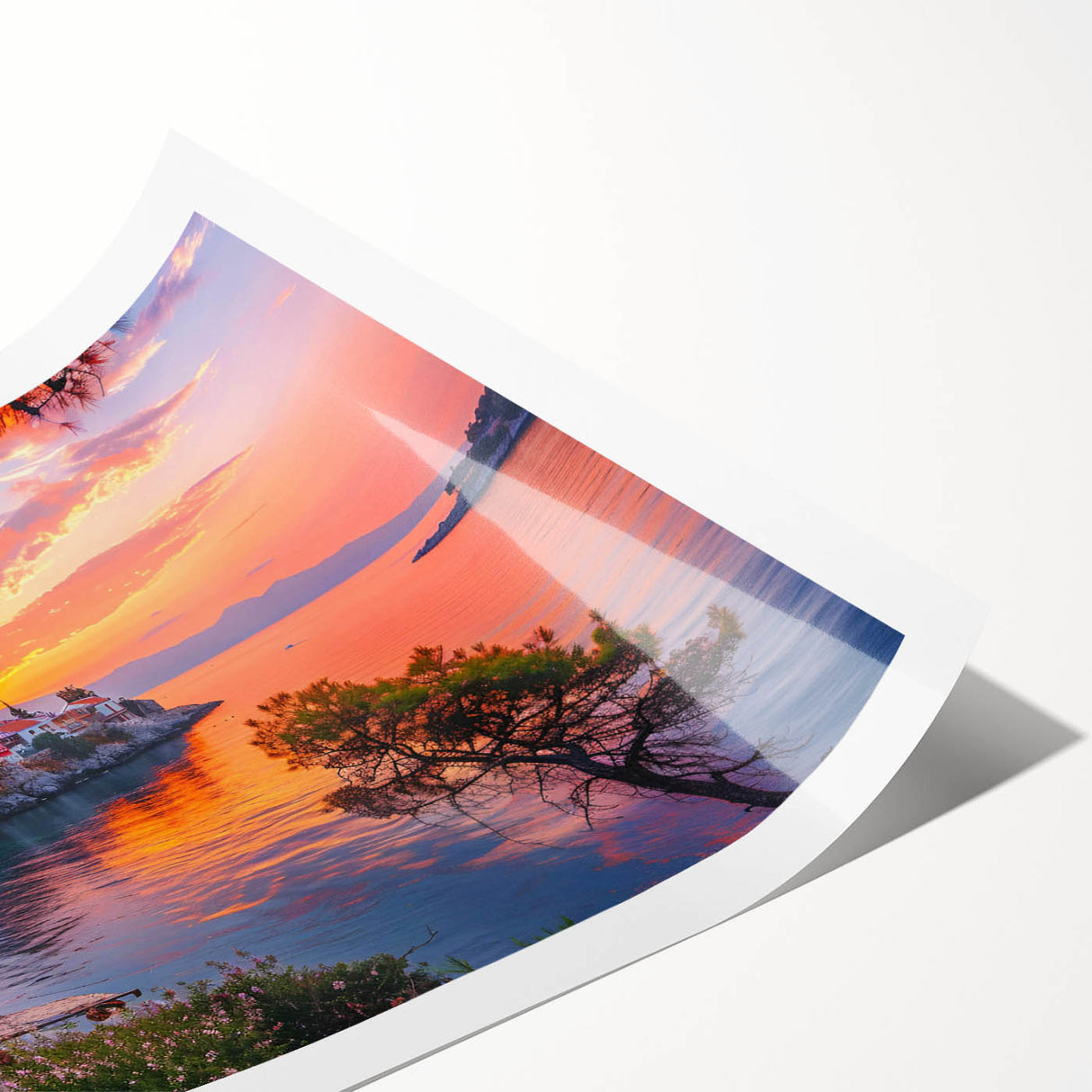 Rolled print of a serene landscape featuring a quaint village scene with vibrant colors and intricate details, ideal for home decor and art enthusiasts.