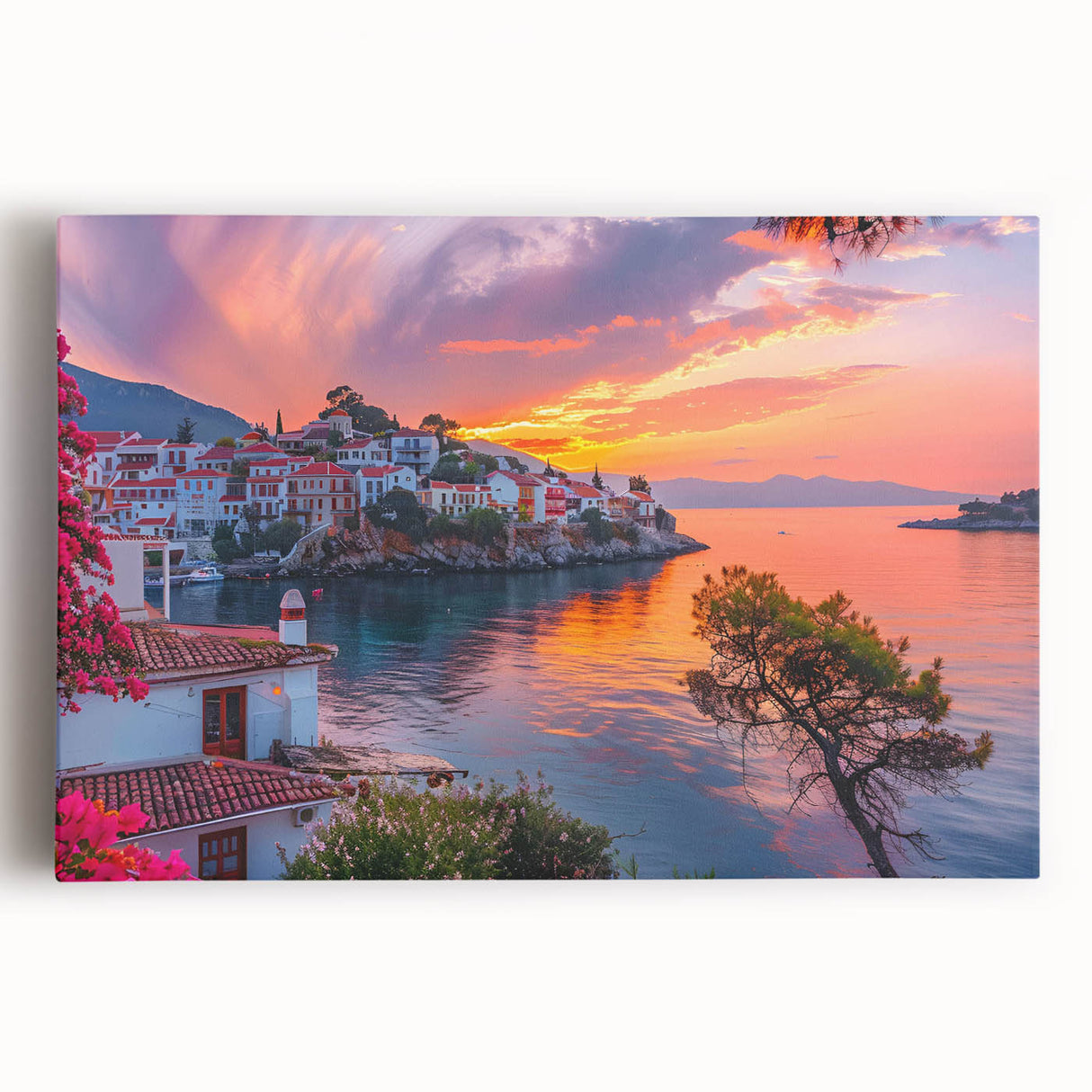 Stretched canvas wall art showcasing a vibrant landscape village design, featuring lush greenery and quaint homes, perfect for enhancing home decor aesthetics.
