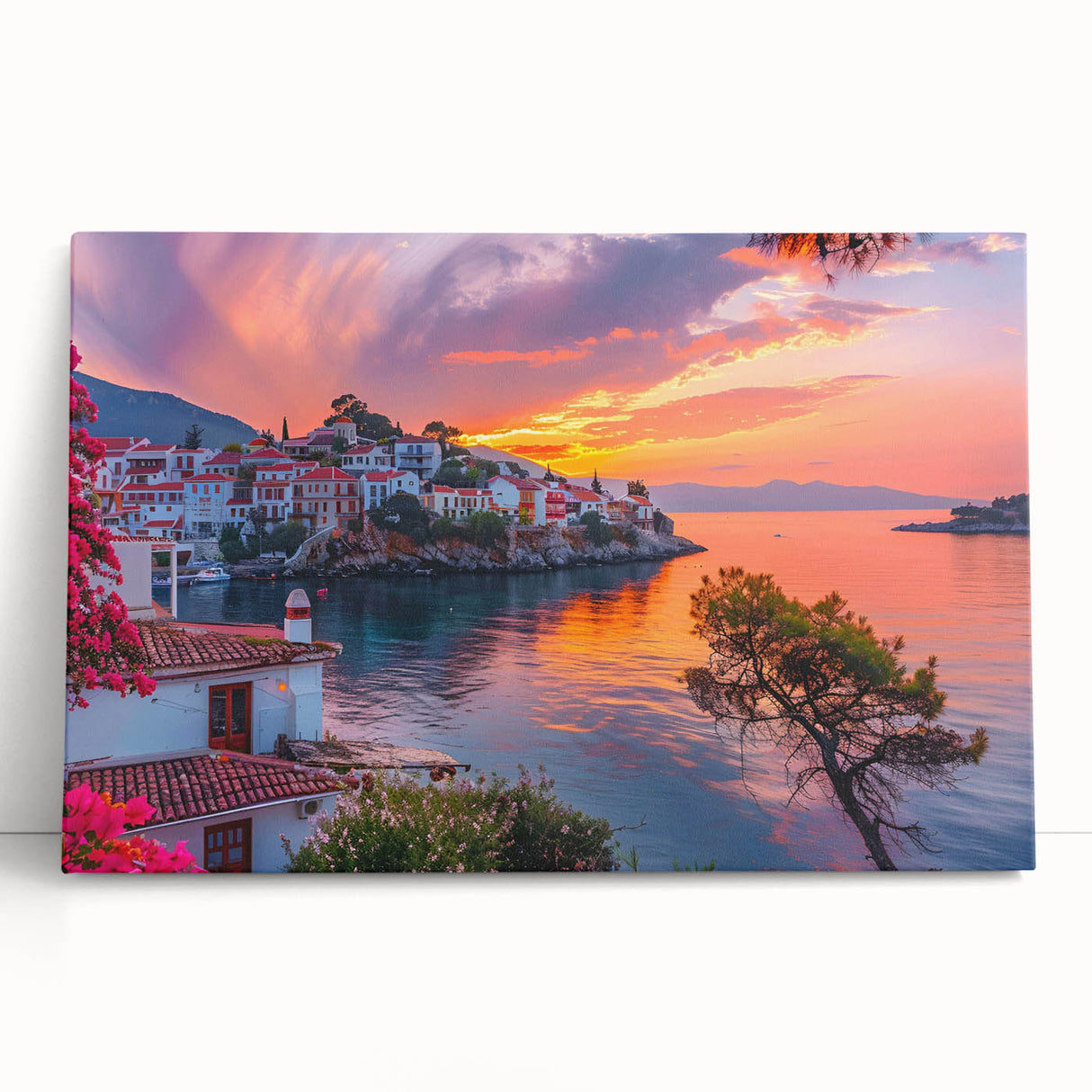 Stretched canvas wall art showcasing a serene landscape village design, featuring vibrant colors and intricate details, perfect for home decor enhancement.