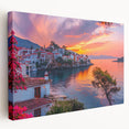 Stretched canvas artwork showcasing a vibrant village landscape design, featuring rich colors and intricate details, perfect for enhancing home decor aesthetics.