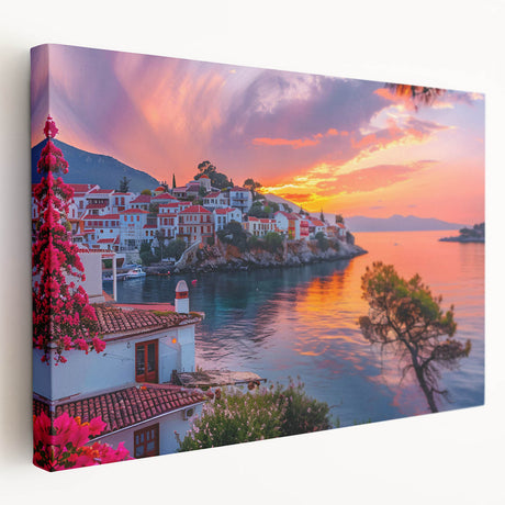 Stretched canvas artwork showcasing a vibrant village landscape design, featuring rich colors and intricate details, perfect for enhancing home decor aesthetics.