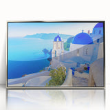 Framed wall art collection showcasing a serene landscape village design with vibrant colors, set in a silver frame, ideal for home decor enhancement.