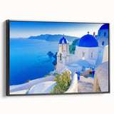 Framed canvas wall art showcasing a serene village landscape design with vibrant colors and intricate details, viewed from the side, perfect for home decor.