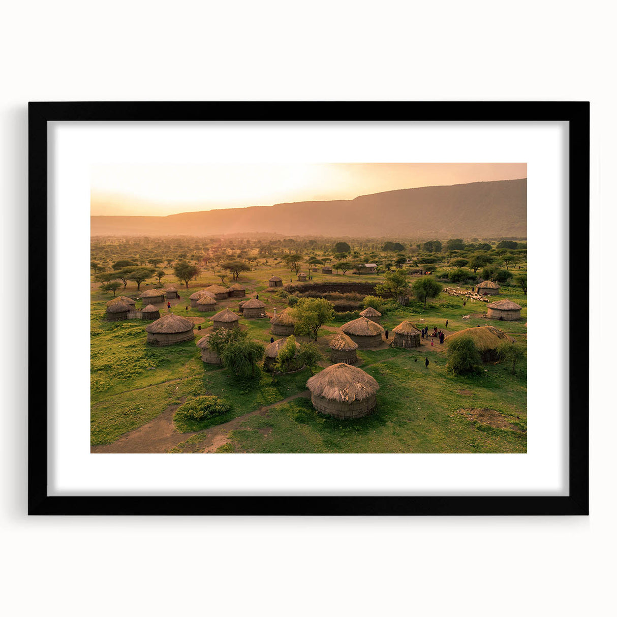 Framed wall art collection featuring a serene landscape village design with a black mat and frame, perfect for enhancing home decor aesthetics.