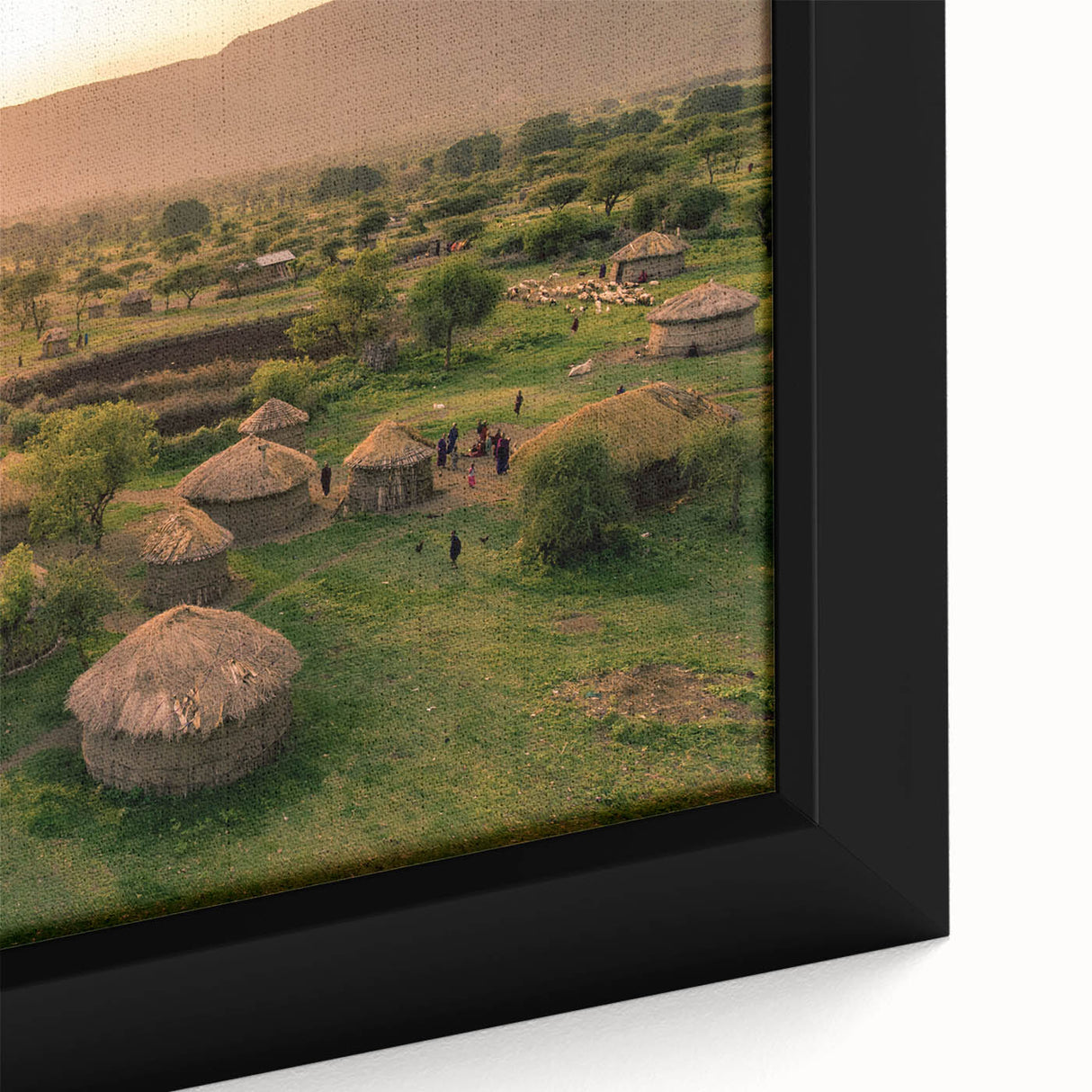 Framed canvas artwork showcasing a vibrant landscape village design, featuring rich colors and intricate details, perfect for enhancing home decor.