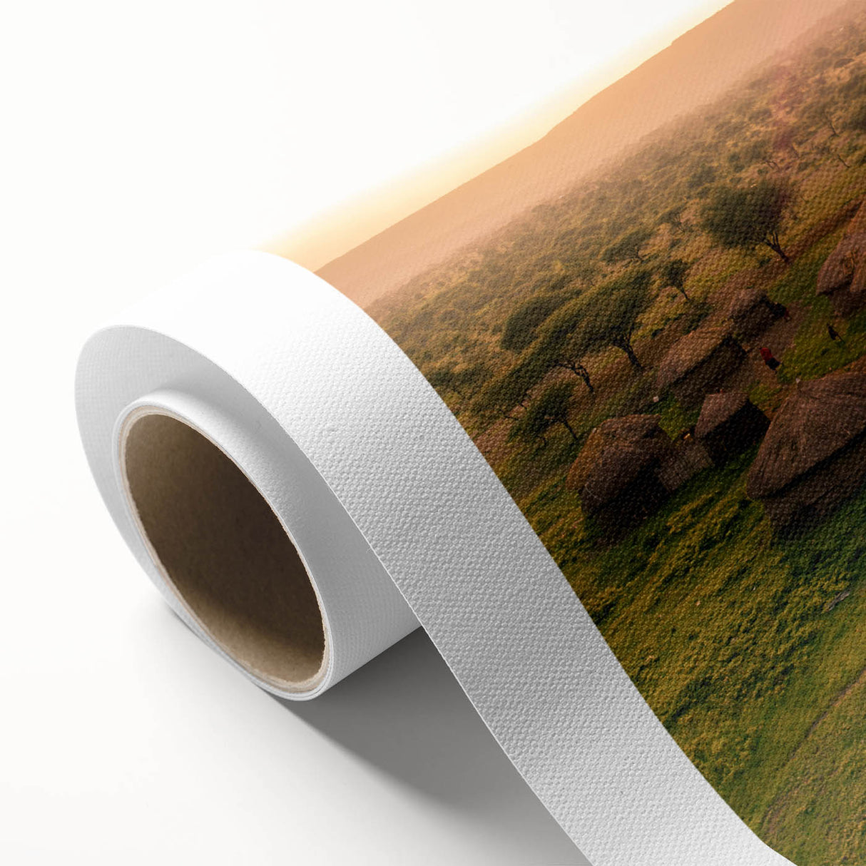 Rolled canvas showcasing a vibrant landscape village design with rich colors and intricate details, perfect for home decor and art enthusiasts, packaged for safe delivery.