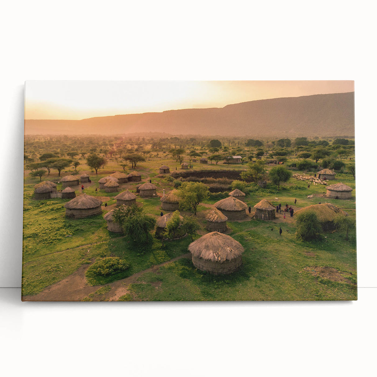 Stretched canvas wall art featuring a serene landscape with quaint villages, showcasing vibrant colors and intricate details, perfect for home decor enhancement.