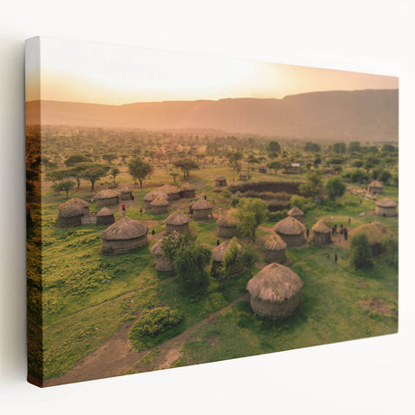 Stretched canvas wall art showcasing a vibrant village landscape design, featuring rich colors and intricate details, ideal for home decor enhancement.