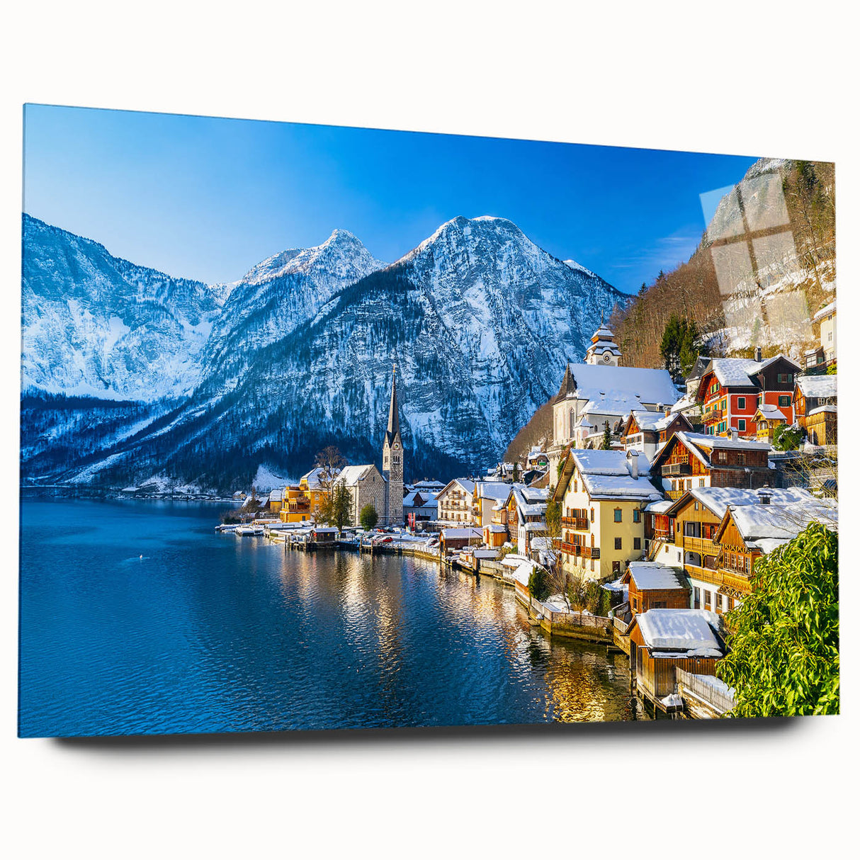 Acrylic glass wall art showcasing a serene landscape village design, featuring vibrant colors and intricate details, perfect for home decor or office settings.