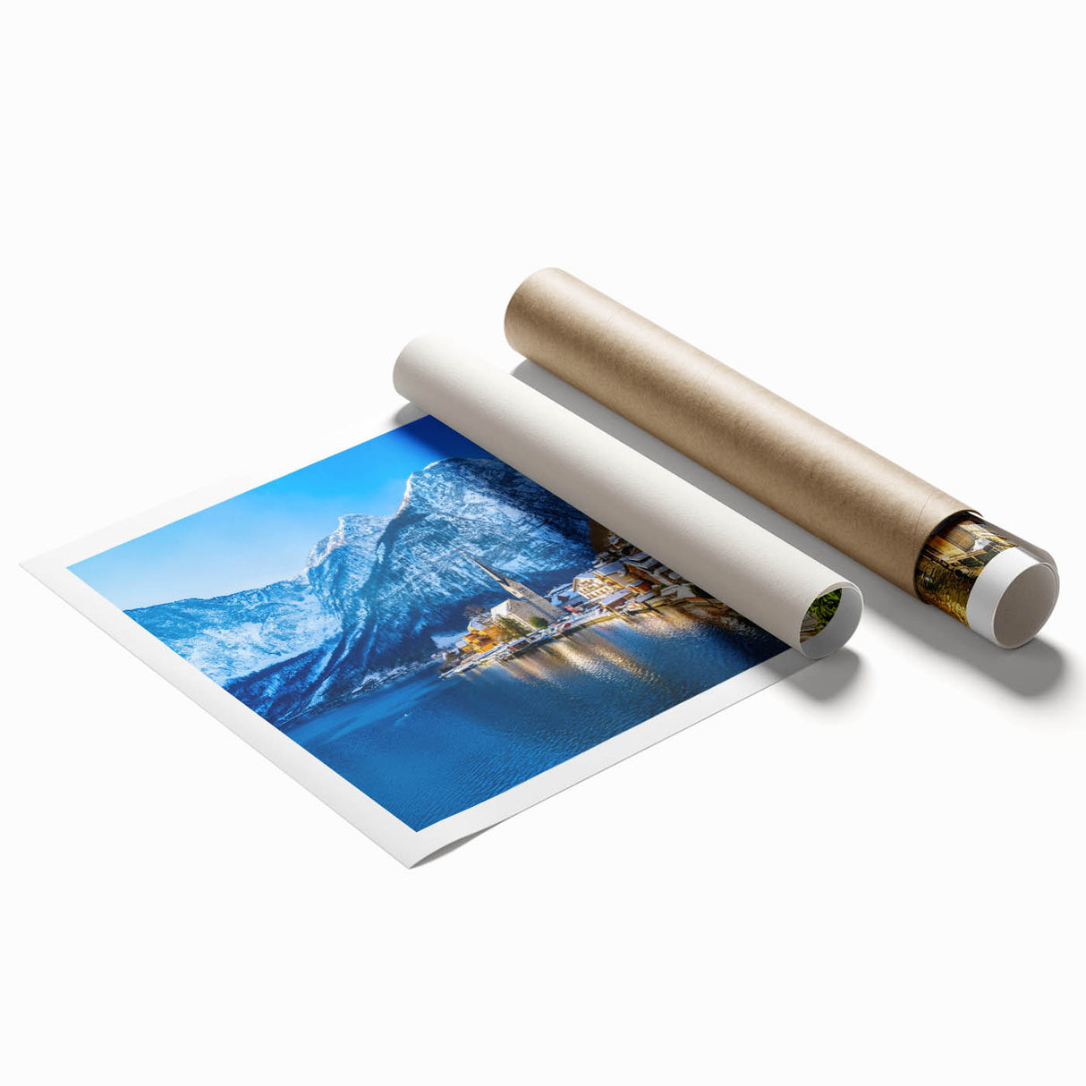 Rolling landscape wall art print showcasing a serene village scene, featuring vibrant colors and intricate details, rolled for easy framing and display.