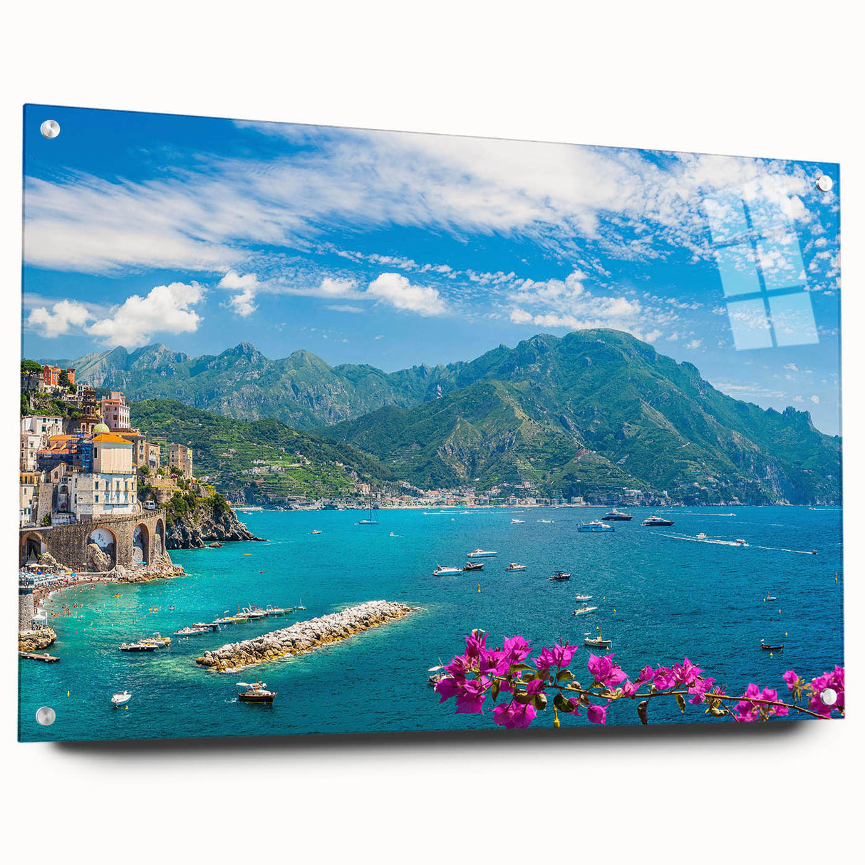 Acrylic glass wall art showcasing a vibrant village landscape design, displaying intricate details and vivid colors, perfect for home decor or art collection.