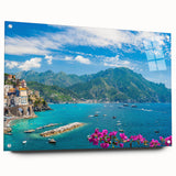 Acrylic glass wall art showcasing a vibrant village landscape design, displaying intricate details and vivid colors, perfect for home decor or art collection.