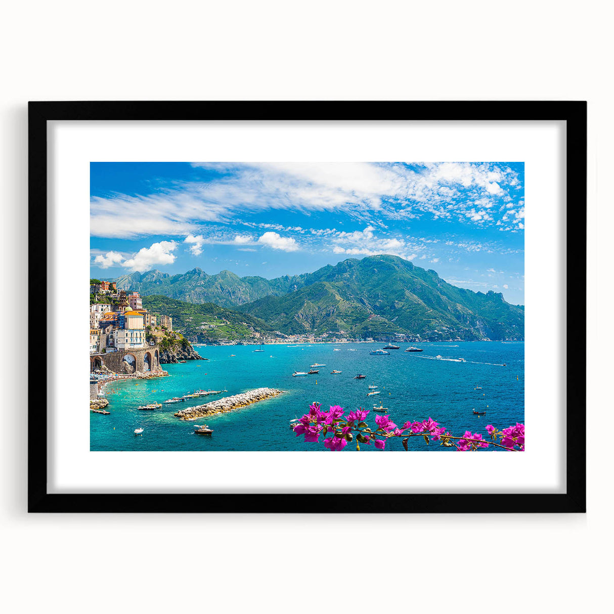 Framed wall art depicting a serene landscape village scene, featuring a black frame and mat, ideal for home decor and enhancing interior aesthetics.