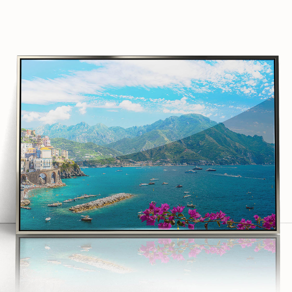 Framed acrylic wall art showcasing a serene village landscape design, featuring vibrant colors and intricate details, perfect for enhancing home decor.