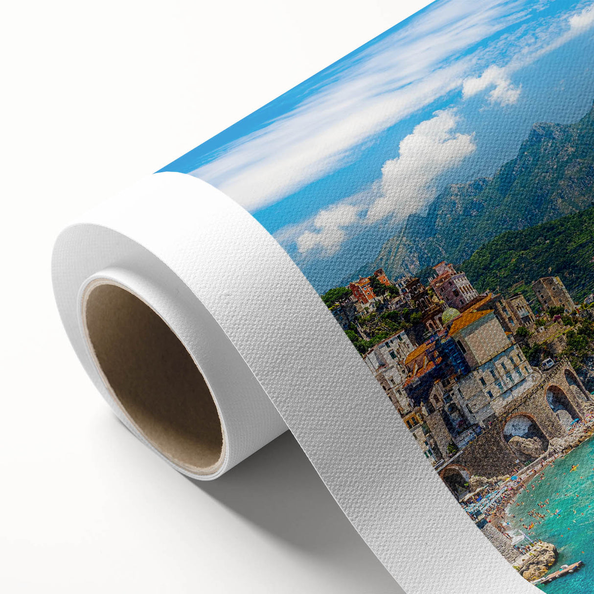Rolled canvas showcasing a vibrant landscape village design in warm colors, ideal for home decor, with a textured finish for added depth and style.
