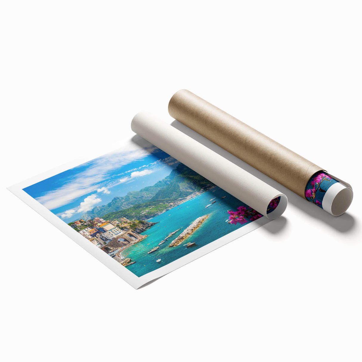 Stunning rolled wall art print showcasing a tranquil village landscape in vibrant colors, perfect for home decor, elegantly packaged in a protective tube.