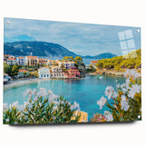 Acrylic wall art collection showcasing a vibrant landscape design with village scenes, displayed from a side view with decorative pins for easy mounting.