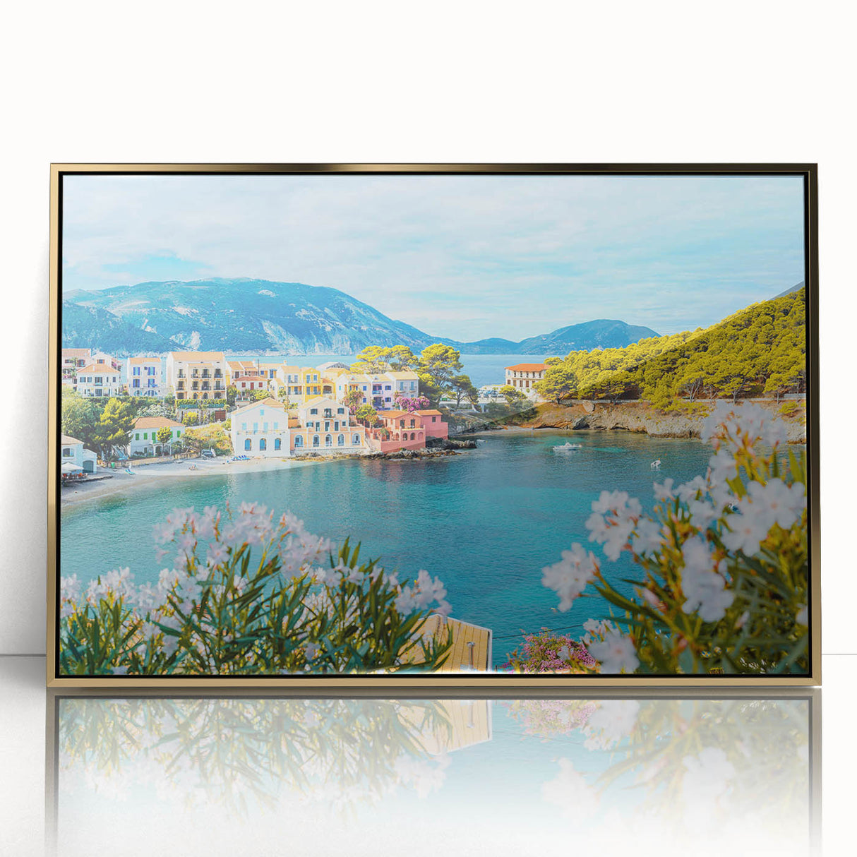 Framed acrylic wall art showcasing a serene village landscape design in gold tones, ideal for home decor, enhancing aesthetic appeal and ambiance.